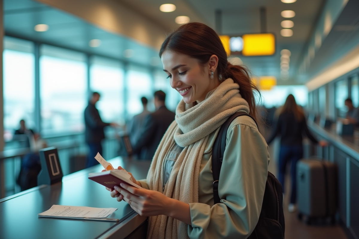 Jeune femme à l'aéroport tenant son passeport