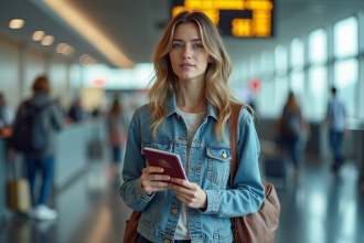 Femme avec passeport à l'aéroport en voyage