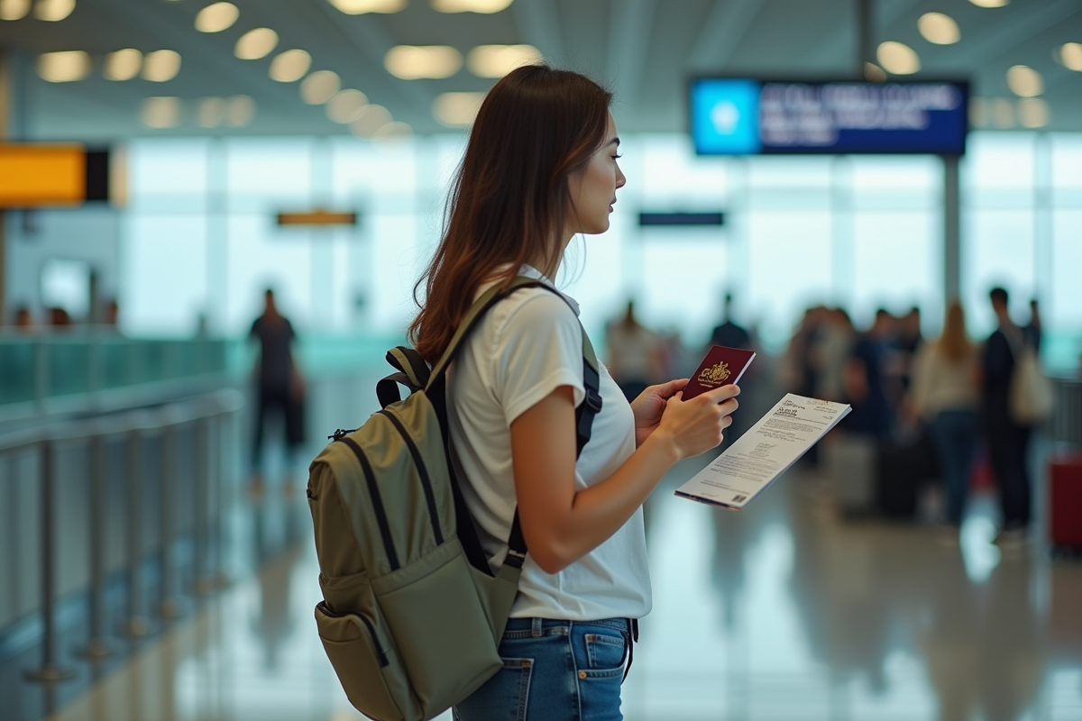 Jeune femme à l'aéroport avec passeport et billet pour Réunion