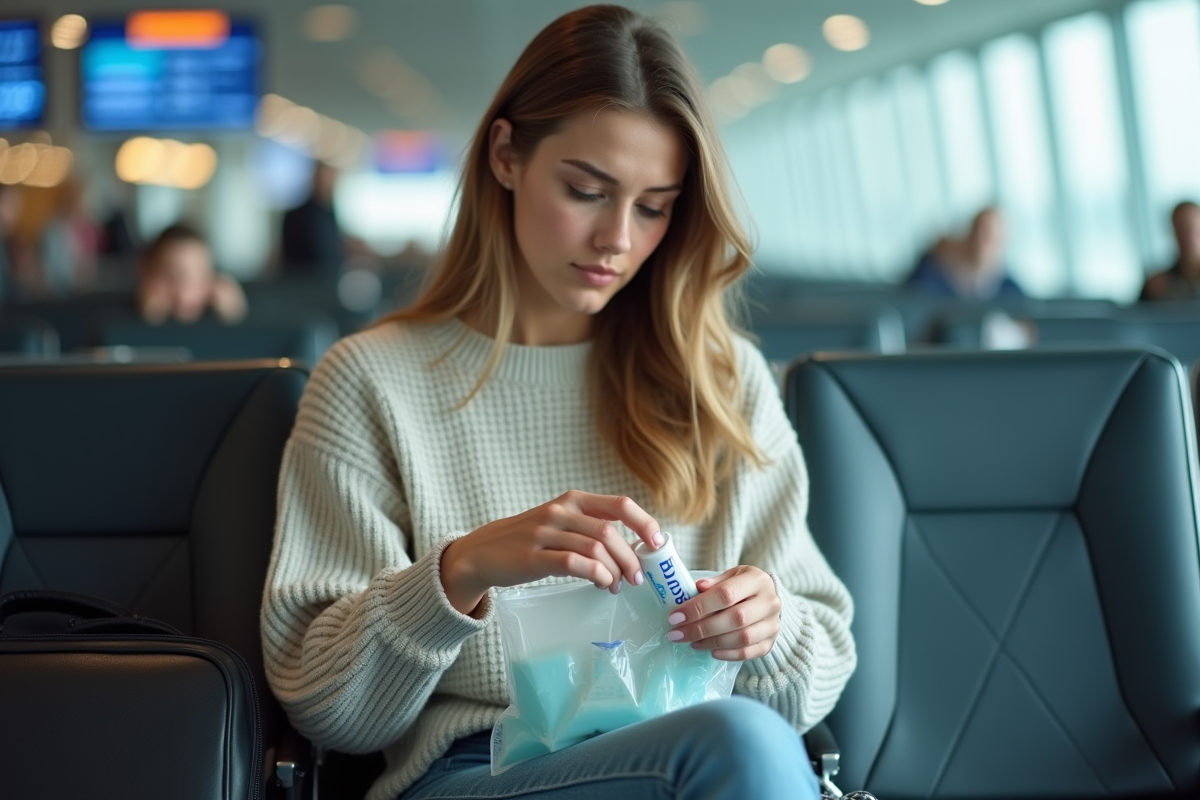 Jeune femme à l'aéroport préparant sa trousse de voyage
