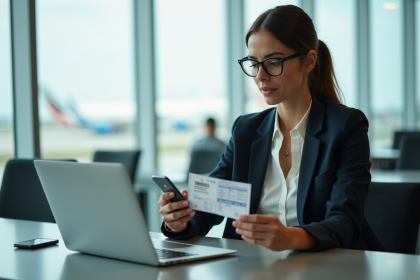 Femme en blazer regardant son ordinateur dans un aéroport