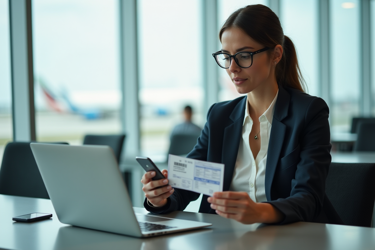 Femme en blazer regardant son ordinateur dans un aéroport