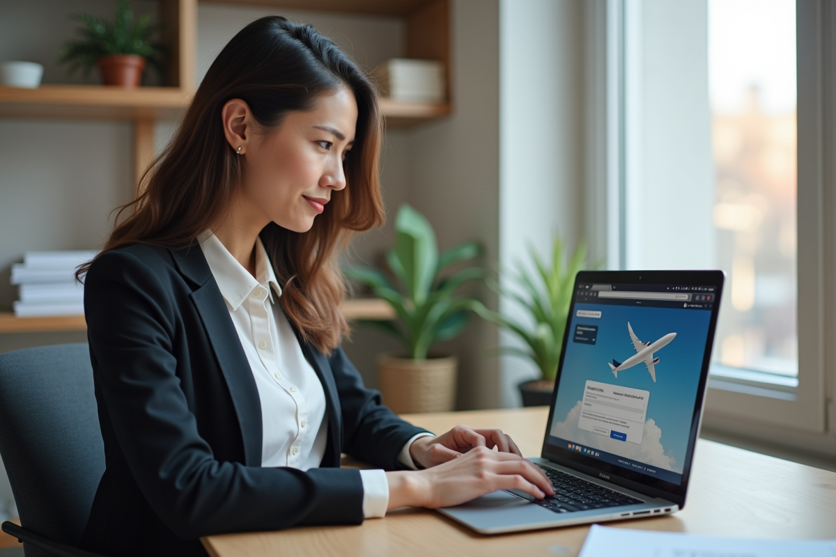 Femme au bureau réservant un vol en ligne