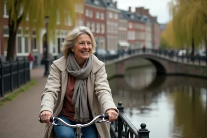 Femme souriante à vélo le long d'un canal belge historique