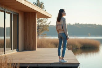 Femme regardant la nature depuis une maison flottante
