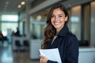 Femme souriante avec documents à un guichet français