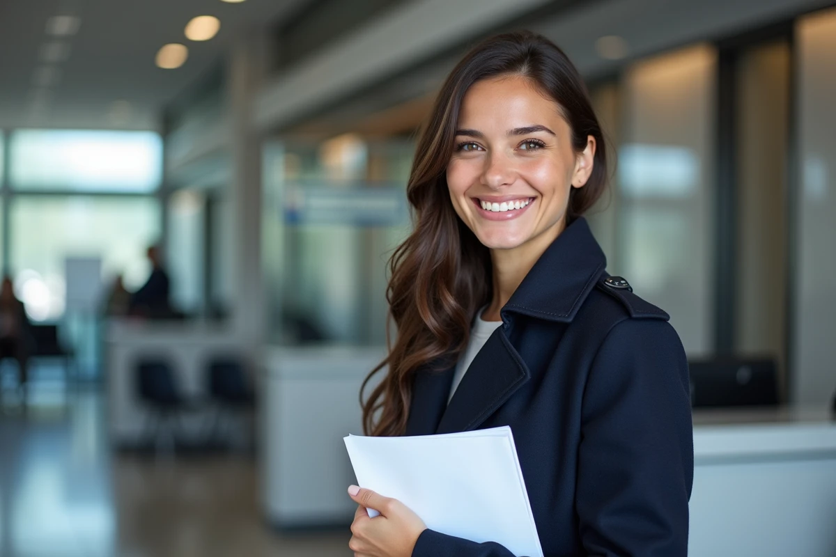 Femme souriante avec documents à un guichet français