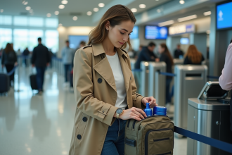 Jeune femme préparant sa trousse de toilette à l'aéroport