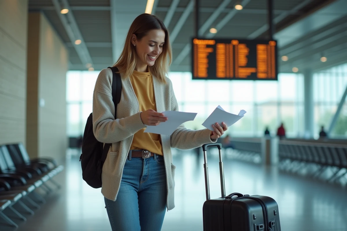 Jeune femme souriante vérifiant sa carte d'embarquement dans un aéroport
