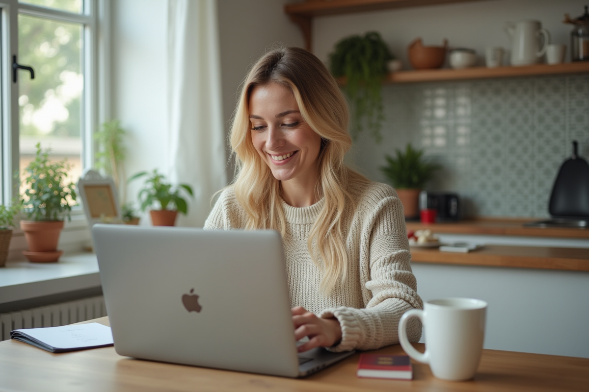 Femme relaxee effectuant son enregistrement en ligne à la maison