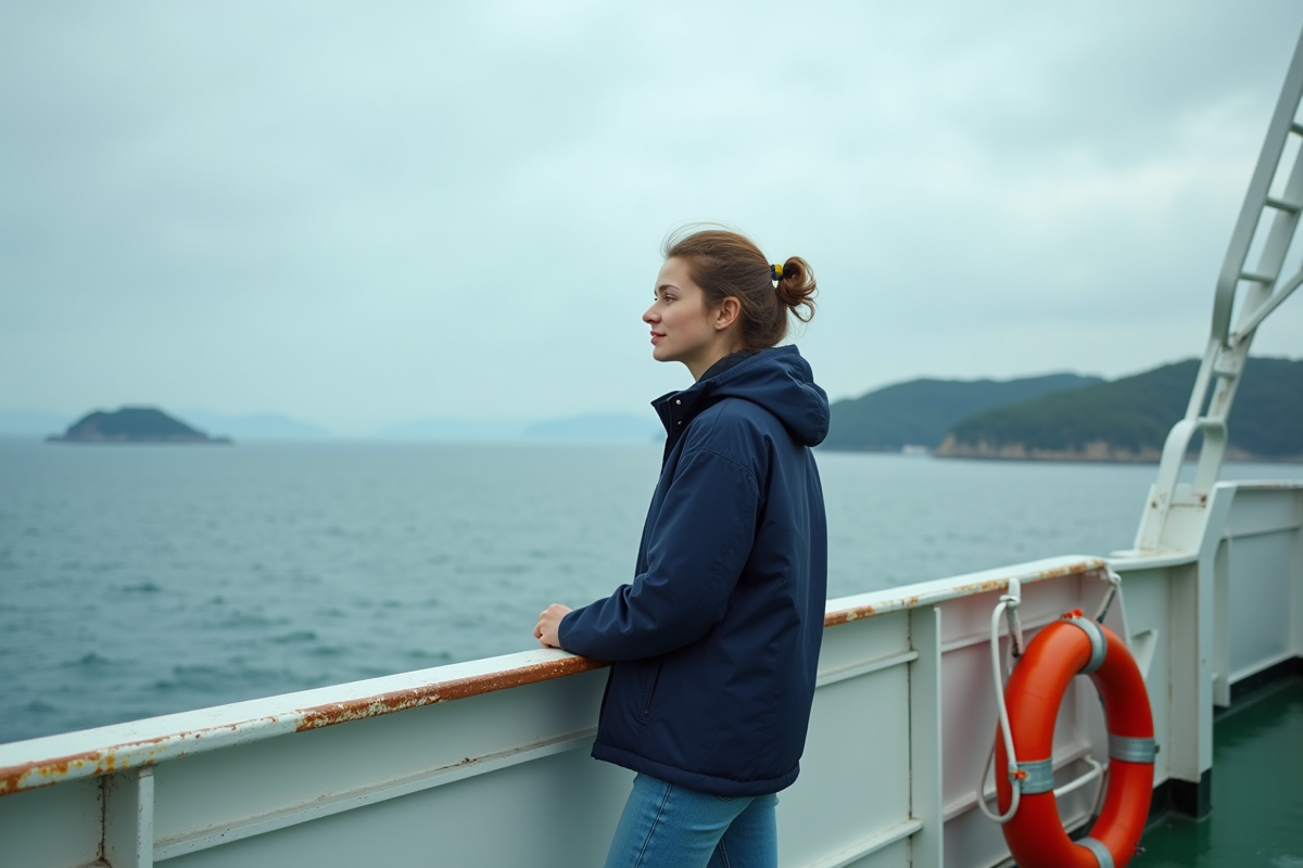 Jeune femme sur un ferry regardant la mer