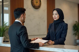 Femme en hijab et blazer dans une ambassade indonesienne