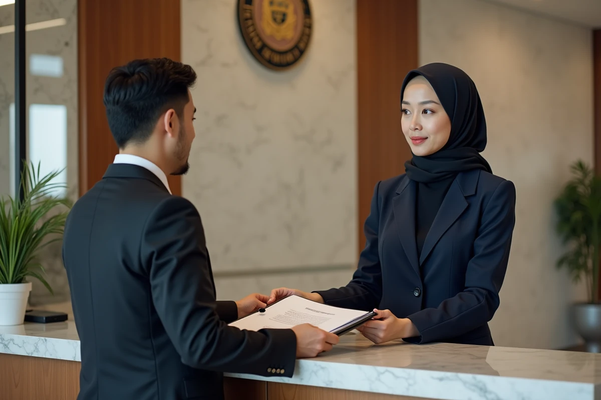 Femme en hijab et blazer dans une ambassade indonesienne