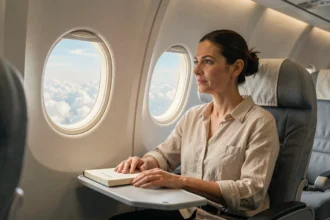 Femme regardant par le hublot d'un avion lors d'un long vol Paris-Thaïlande