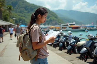 Jeune femme indonesienne étudie un horaire de ferry au port