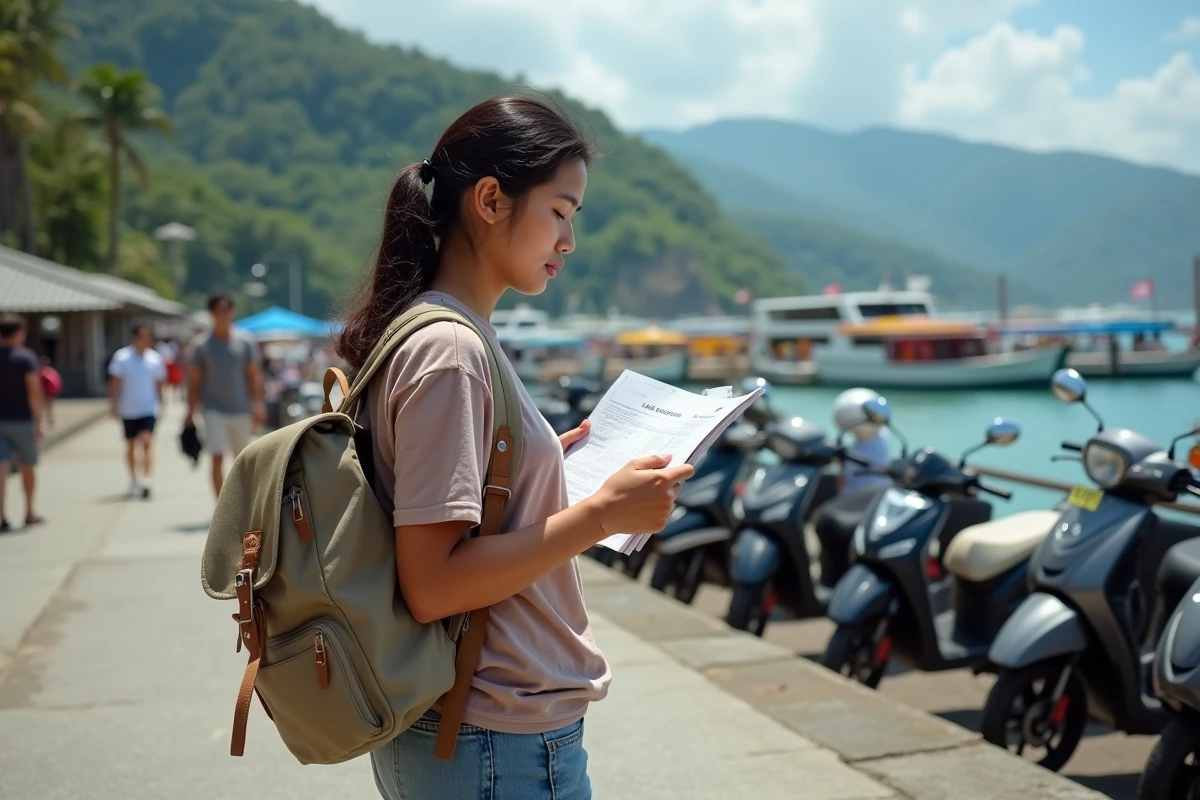 Jeune femme indonesienne étudie un horaire de ferry au port