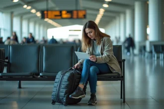 Femme anxieuse à l'aéroport avec valise et sac