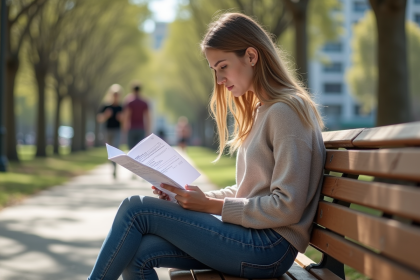 Jeune femme lisant des documents d'immigration dans un parc à Sydney