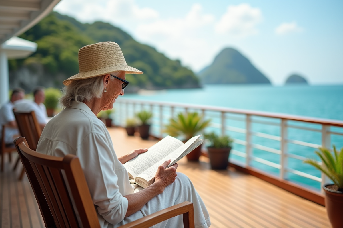 Femme lisant un guide sur la terrasse du bateau