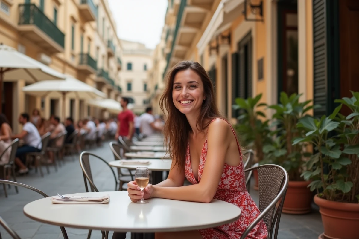 Jeune femme maltaise souriante au café dans une place animée