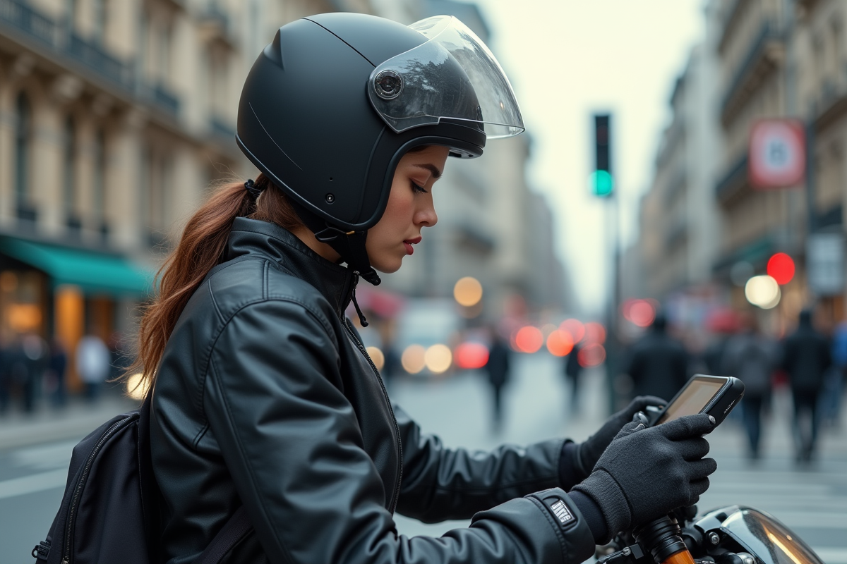 Jeune femme en moto urbaine regardant son GPS
