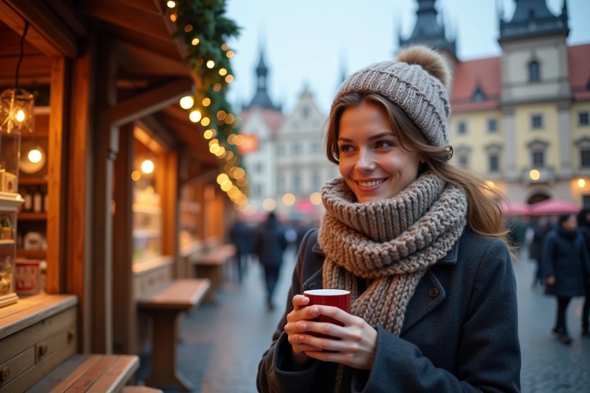 Jeune femme souriante avec vin chaud à Prague en hiver