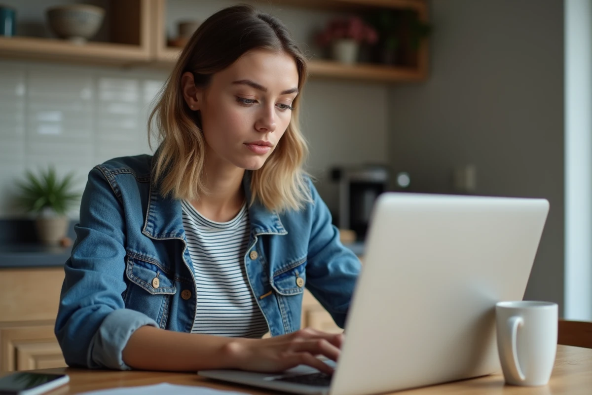 Jeune femme compare options de ferry sur son ordinateur