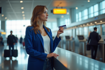 Femme avec passeport dans un aéroport moderne