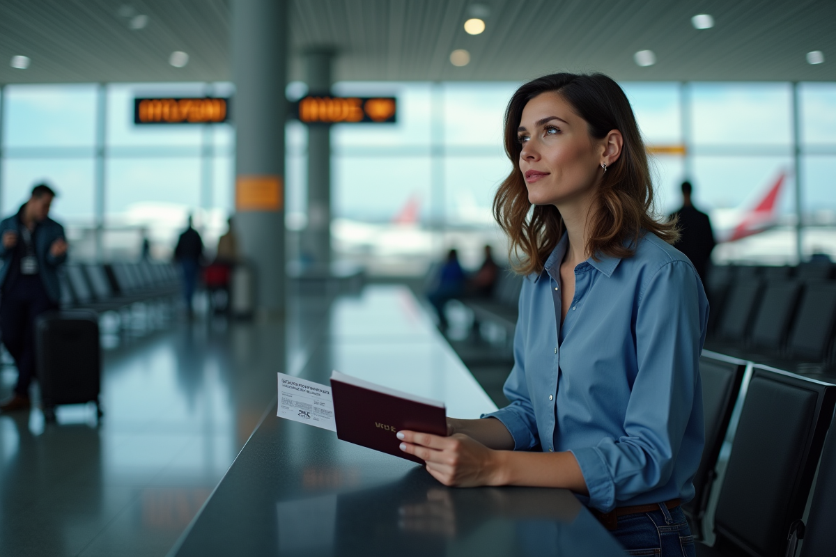 Femme réfléchie avec passeport à l'aéroport