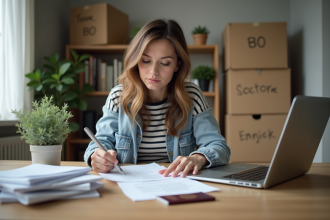 Jeune femme concentrée à remplir un formulaire de départ