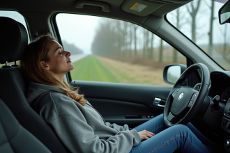 Jeune femme détendue dans une voiture en Belgique rurale
