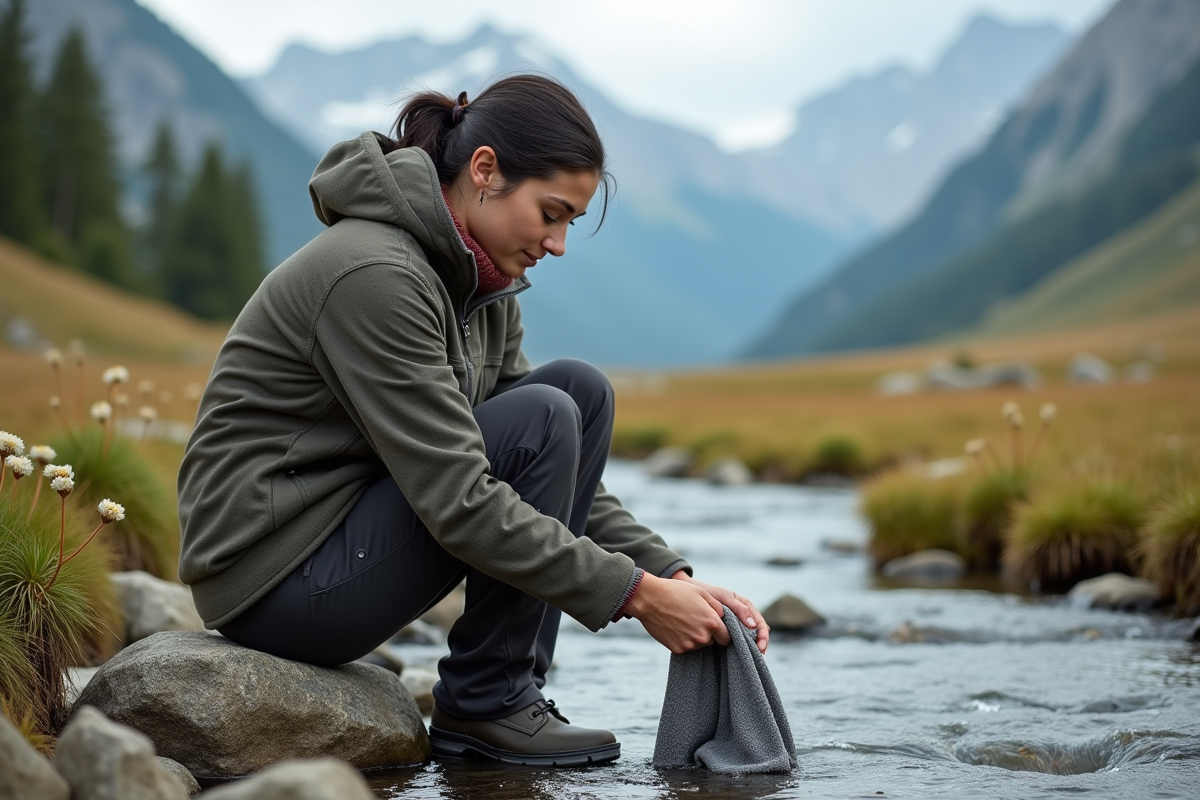 Jeune femme lavant un tissu réutilisable près d’un ruisseau de montagne