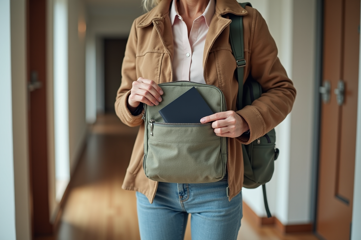 Femme plaçant son passeport dans un sac de voyage en appartement