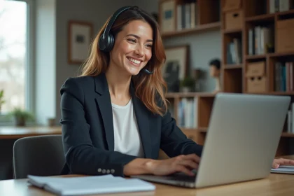 Femme souriante en bureau moderne pour service client
