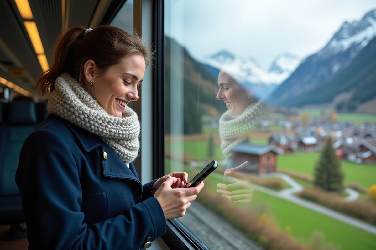 Femme souriante regardant son smartphone dans un train suisse