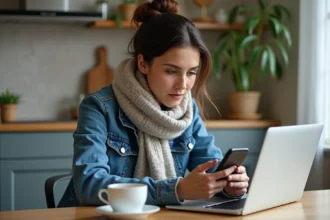 Jeune femme comparant directions sur smartphone et ordinateur