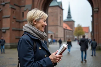 Femme souriante devant la façade gothique de Lübeck