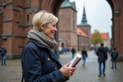Femme souriante devant la façade gothique de Lübeck