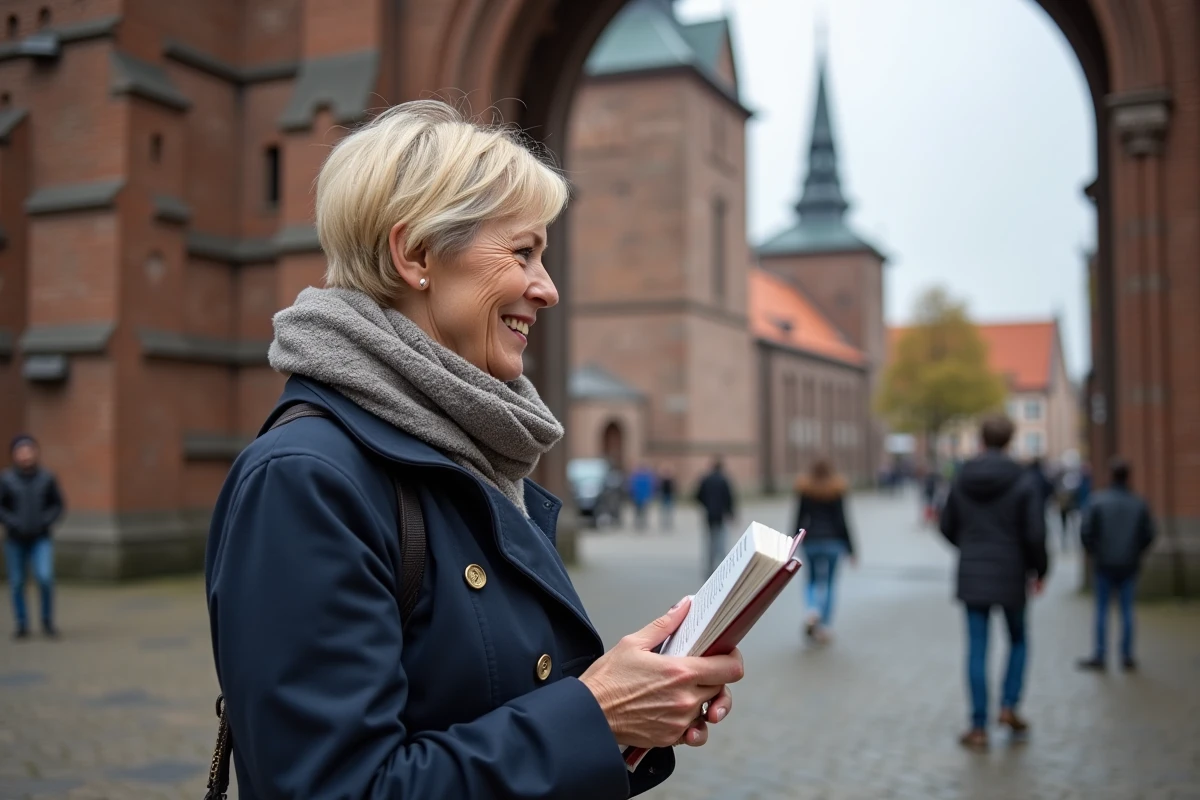 Femme souriante devant la façade gothique de Lübeck