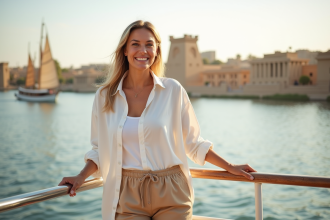 Femme souriante en voyage sur le Nil avec temples anciens