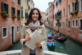 Femme souriante avec carte à Venise sur un pont