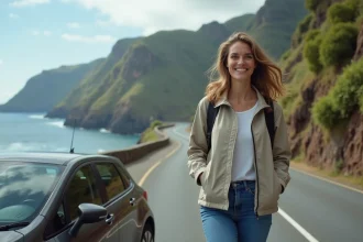 Femme souriante près d'une voiture à Madeira avec falaises et océan