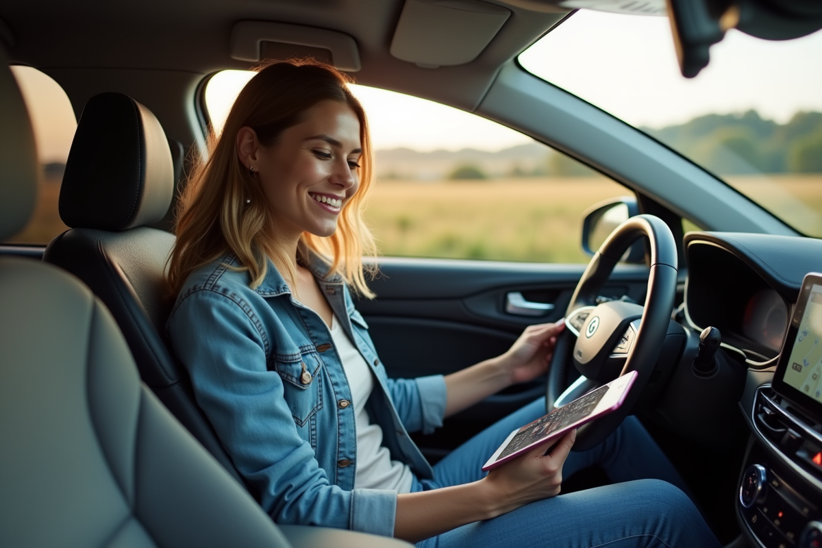 Femme souriante utilisant une tablette dans une voiture en voyage