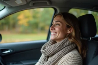 Jeune femme souriante dans une voiture en voyage