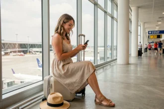 Femme détendue consultant une application de suivi de vol sur son smartphone dans un terminal d'aéroport moderne avec vue sur le tarmac