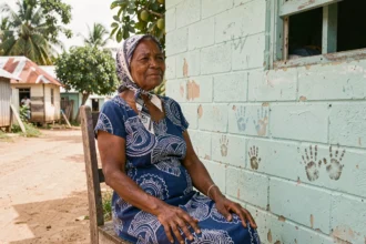 Femme âgée haïtienne en tenue traditionnelle devant une maison colorée du village de Ganere en Haïti