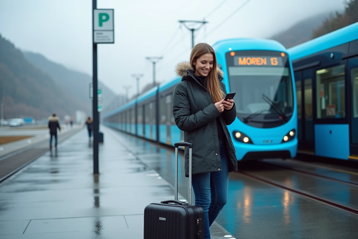 Femme souriante à Bergen près du tram en Norvege