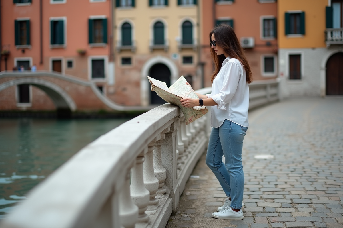 Femme avec carte sur pont vénitien en blanc et jeans