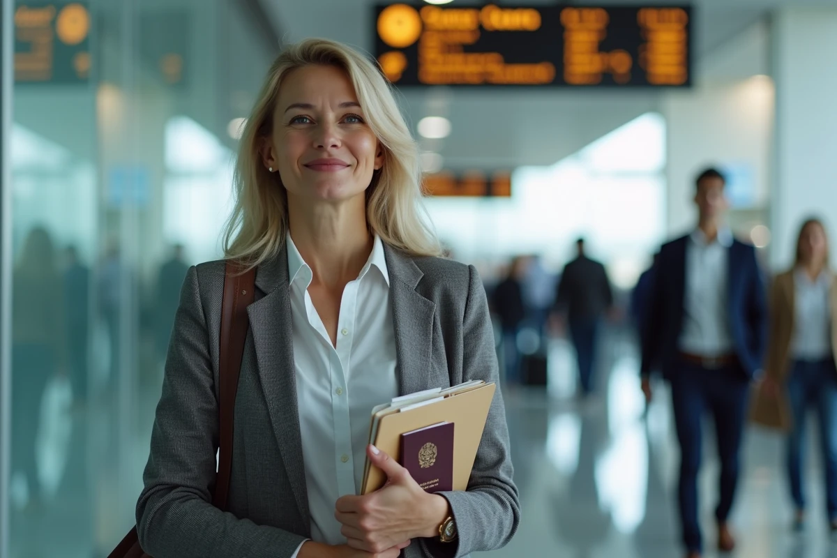 Femme d'âge moyen dans un terminal aéroport moderne