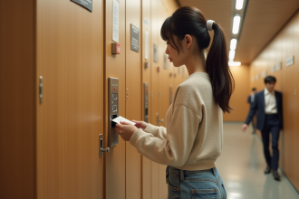 Jeune femme japonaise utilisant une carte à un verrou de capsule